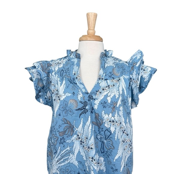 Jennifer & Grace Ruffled Floral Tie Front Blue and White Blouse Size Large - Picture 2 of 8